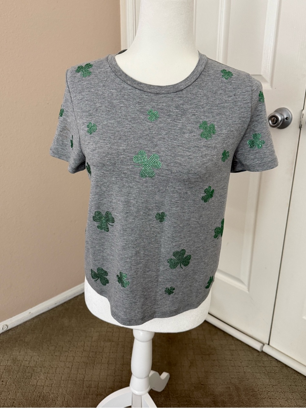 Marled brand Gray Tee with Green Shamrock Embellishments - Women's Top
